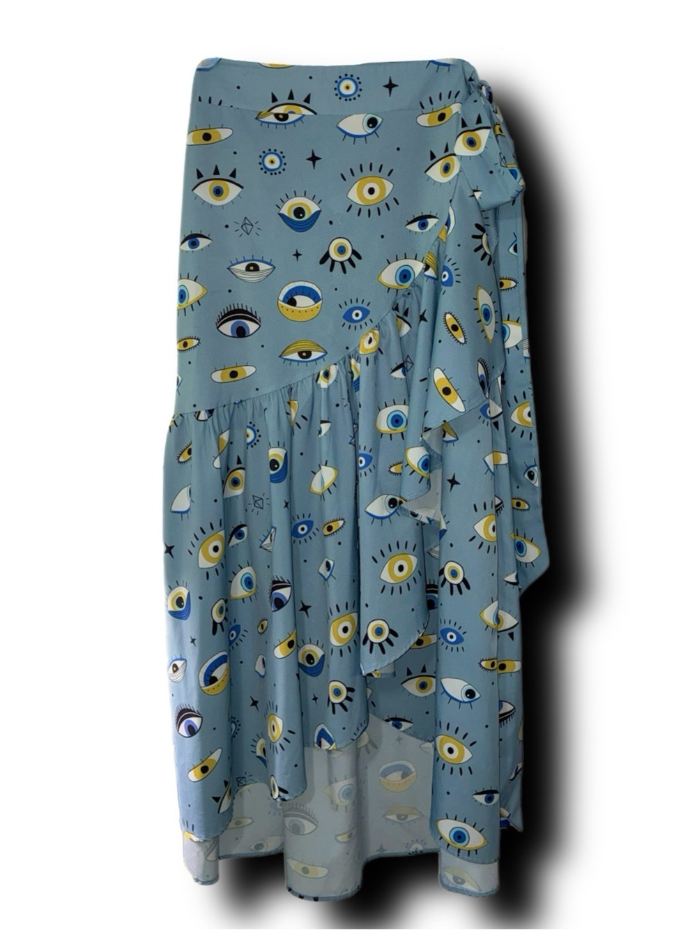 Nylon Apparel Evil Eye Print Ruffle Hem Midi Wrap Skirt Boho Whimsigoth Witchy